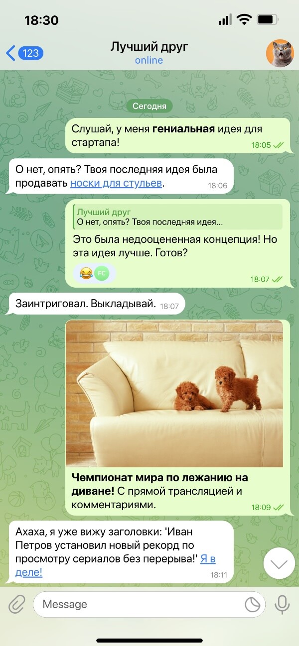 Пример созданной фейковой переписки в Telegram на светлой теме.